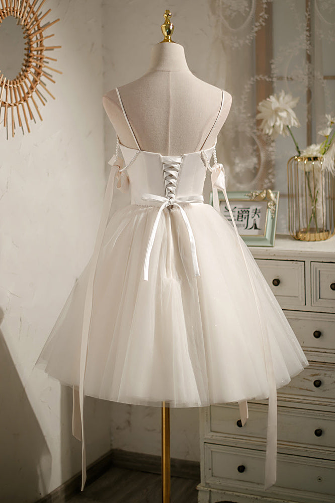 A Line Tulle Ivory Spaghetti Straps V Neck Tulle Short Prom Dress, Homecoming Dresses OMH0126
