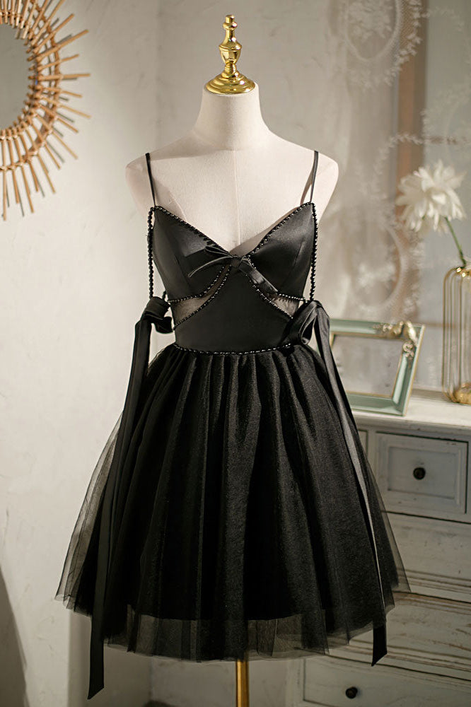 A Line Tulle Ivory Spaghetti Straps V Neck Tulle Short Prom Dress, Homecoming Dresses OMH0126