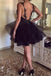 Sexy A Line Black Lace Appliques V Neck Short Prom Dress, Tulle Mini Homecoming Dress OMH0236
