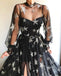 Sparkly A Line Black Long Sleeves High Neck Prom Dress with Stars, Unique Slit Formal Dress OM0243