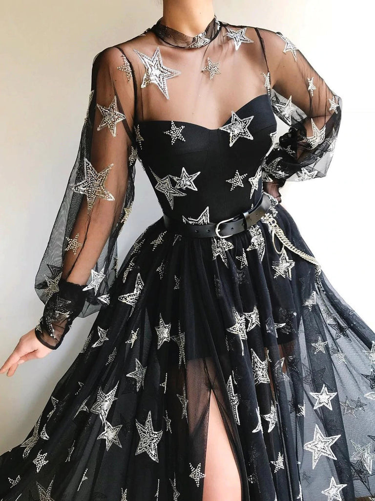 Sparkly A Line Black Long Sleeves High Neck Prom Dress with Stars, Unique Slit Formal Dress OM0243