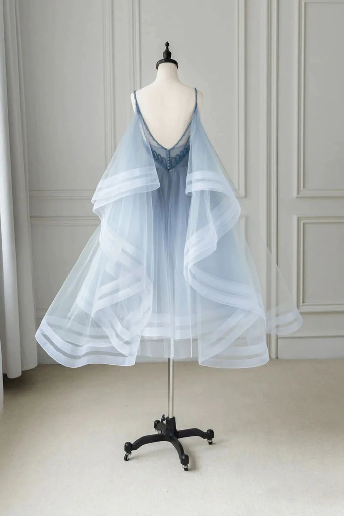 Blue Tulle Spaghetti Straps A Line V Neck Homecoming Dresses Short Prom Dress OMH0142