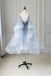 Blue Tulle Spaghetti Straps A Line V Neck Homecoming Dresses Short Prom Dress OMH0142
