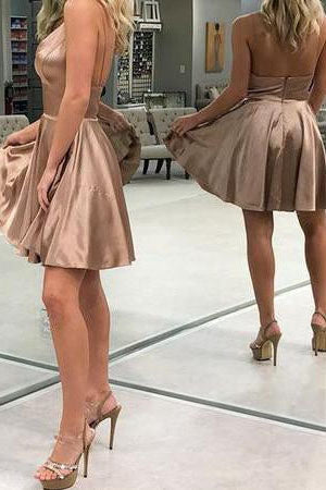 Cute A line Burgundy Spaghetti Straps V Neck Satin Homecoming Dresses with Pockets OMH0068