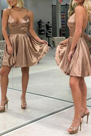 Cute A line Burgundy Spaghetti Straps V Neck Satin Homecoming Dresses with Pockets OMH0068