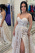 Sparkly A line Blue Sweetheart Strapless Appliques Prom Dresses with Slit Pockets OM0255