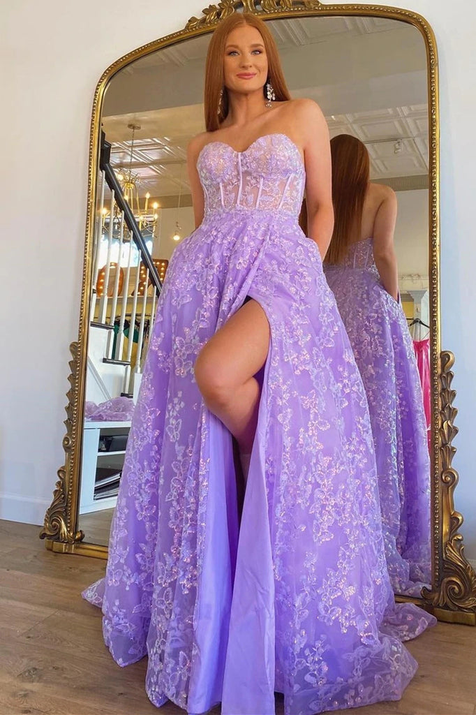 Sparkly A line Blue Sweetheart Strapless Appliques Prom Dresses with Slit Pockets OM0255