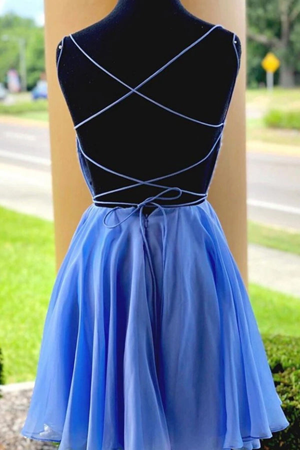 A line Spaghetti Straps Chiffon Blue Homecoming Dresses with Beading, Cocktail Dress OMH0038