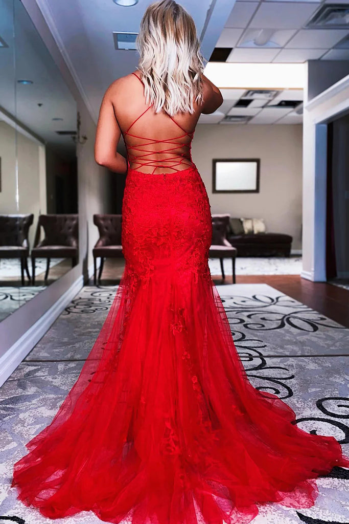Blue Mermaid Lace Appliques Scoop Prom Dresses With Tulle, Party Dresses OM0362
