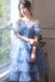 Glitter A Line Blue Sequins Tulle Tiered Homecoming Dresses, New Style Prom Dress OMH0224