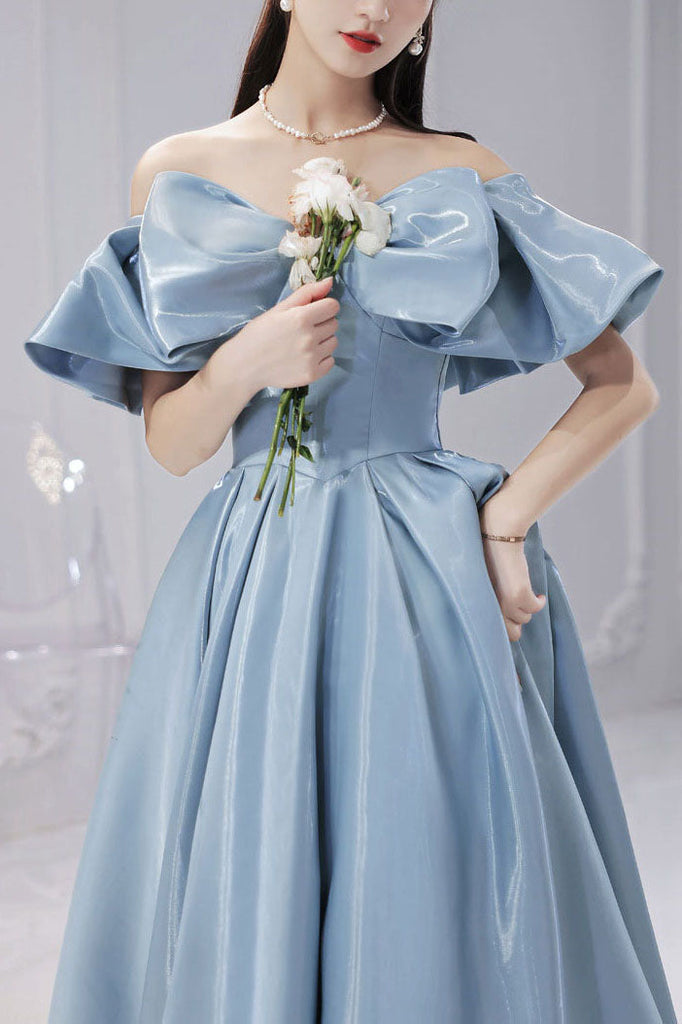 Simple A line Satin Blue Off the Shoulder Prom Dresses, Long Lace up Formal Dresses OM0194