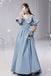 Simple A line Satin Blue Off the Shoulder Prom Dresses, Long Lace up Formal Dresses OM0194