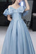 Simple A line Satin Blue Off the Shoulder Prom Dresses, Long Lace up Formal Dresses OM0194