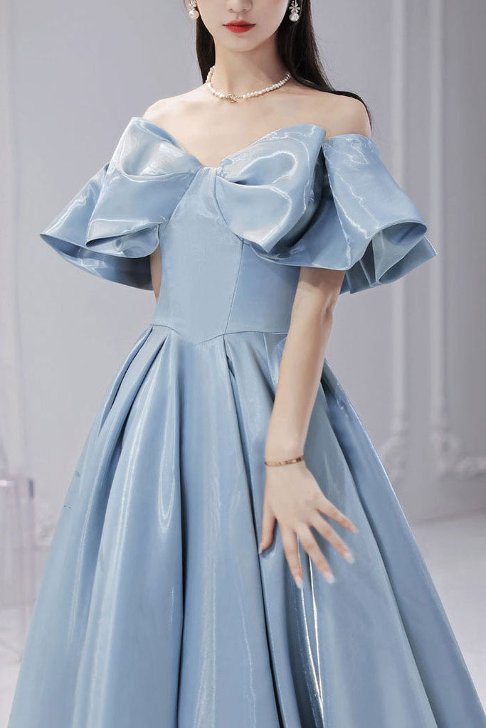 Simple A line Satin Blue Off the Shoulder Prom Dresses, Long Lace up Formal Dresses OM0194