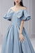 Simple A line Satin Blue Off the Shoulder Prom Dresses, Long Lace up Formal Dresses OM0194