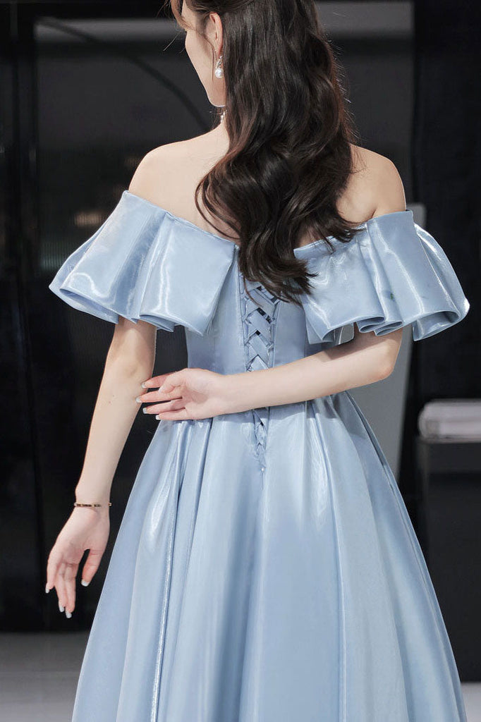 Simple A line Satin Blue Off the Shoulder Prom Dresses, Long Lace up Formal Dresses OM0194