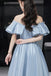 Simple A line Satin Blue Off the Shoulder Prom Dresses, Long Lace up Formal Dresses OM0194