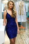 Royal Blue Sequined V neck Spaghetti Straps Short Sheath Prom Homecoming Dresses OMH0020