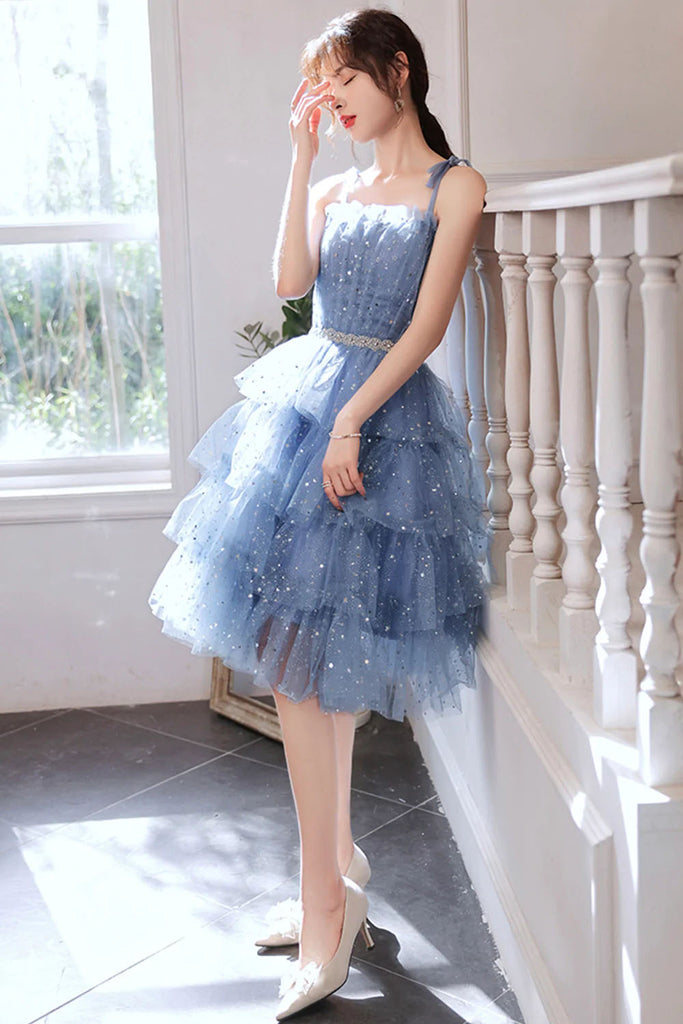 Glitter A Line Blue Sequins Tulle Tiered Homecoming Dresses, New Style Prom Dress OMH0224
