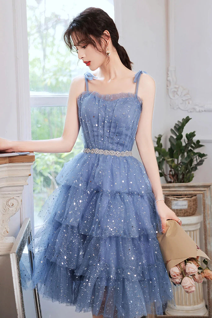 Glitter A Line Blue Sequins Tulle Tiered Homecoming Dresses, New Style Prom Dress OMH0224