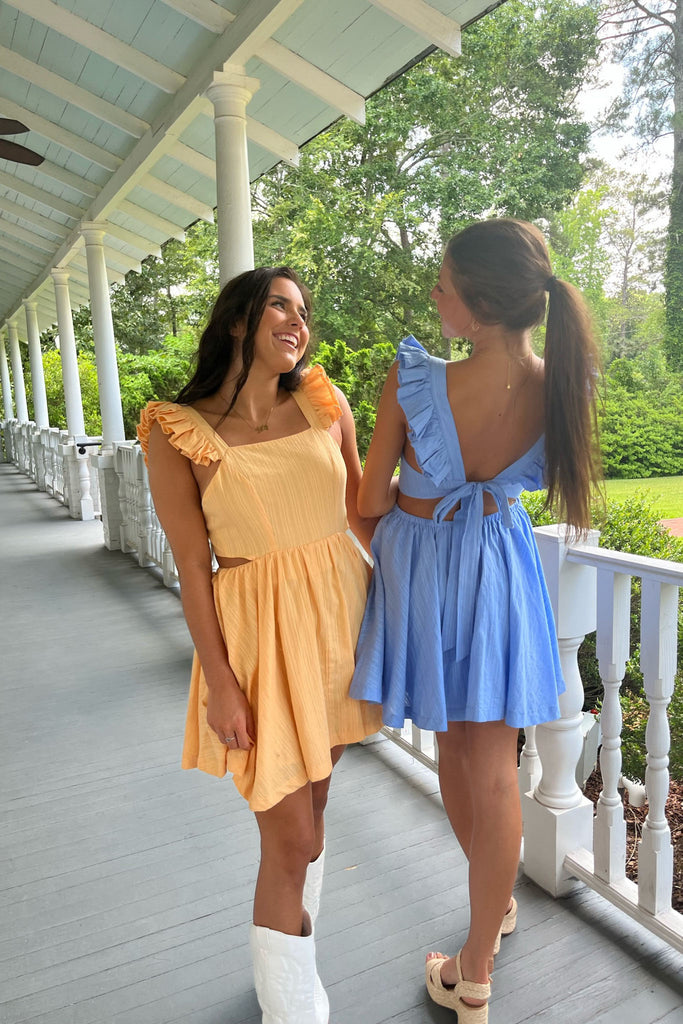 A Line Blue Straps Open Back Short Homecoming Dresses, Mini Graduation Dresses OMH0208