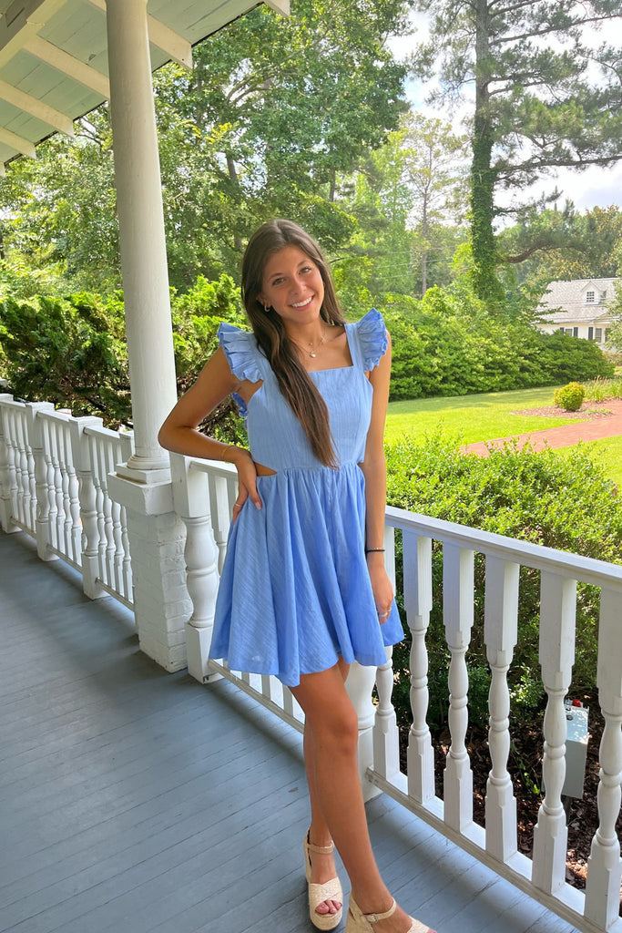 A Line Blue Straps Open Back Short Homecoming Dresses, Mini Graduation Dresses OMH0208