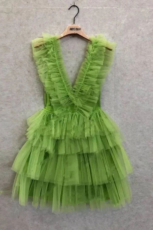 Cute Blue A line V neck Tulle Tiered Short Prom Dress, Straps V Back Homecoming Dress OMH0211