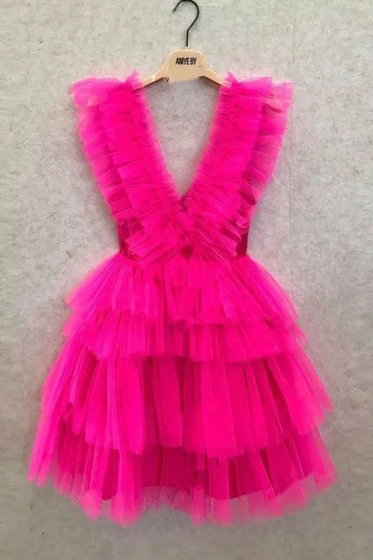 Cute Blue A line V neck Tulle Tiered Short Prom Dress, Straps V Back Homecoming Dress OMH0211