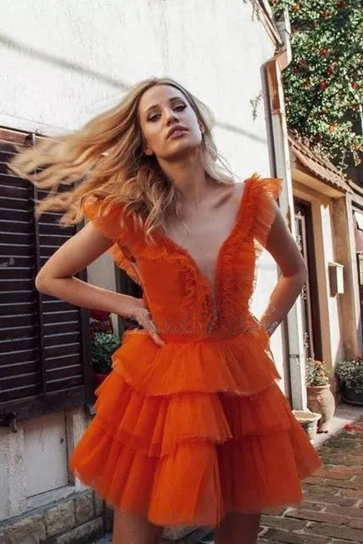 Cute Blue A line V neck Tulle Tiered Short Prom Dress, Straps V Back Homecoming Dress OMH0211