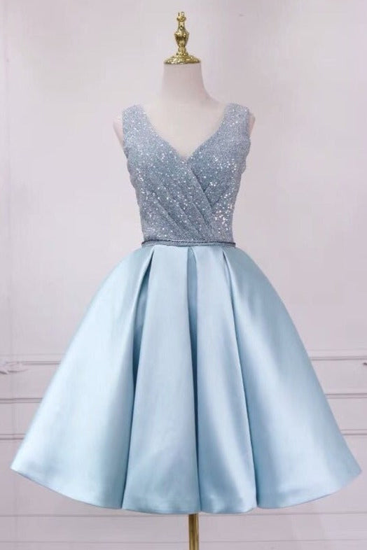 Cute A line Sequins Light Blue Satin Short Mini Prom Dresses, Homecoming Dresses OMH0047