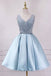 Cute A line Sequins Light Blue Satin Short Mini Prom Dresses, Homecoming Dresses OMH0047