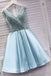 Cute A line Sequins Light Blue Satin Short Mini Prom Dresses, Homecoming Dresses OMH0047