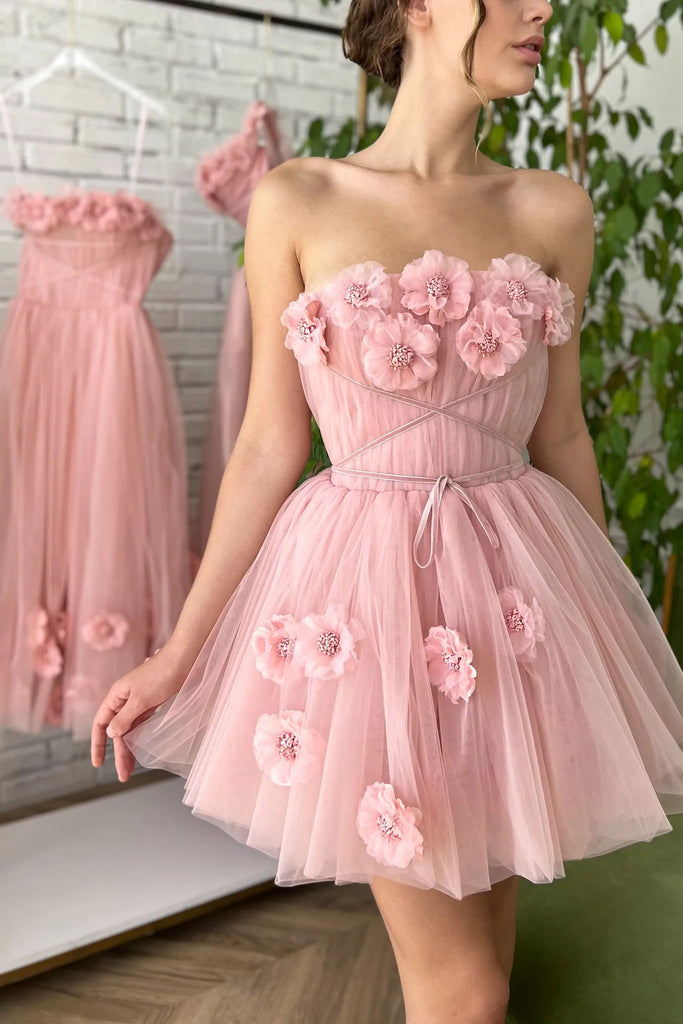 Cute A line Blush Pink Strapless Tulle Hand Made Flowers Homecoming Dress, Graduation Dress OMH0253