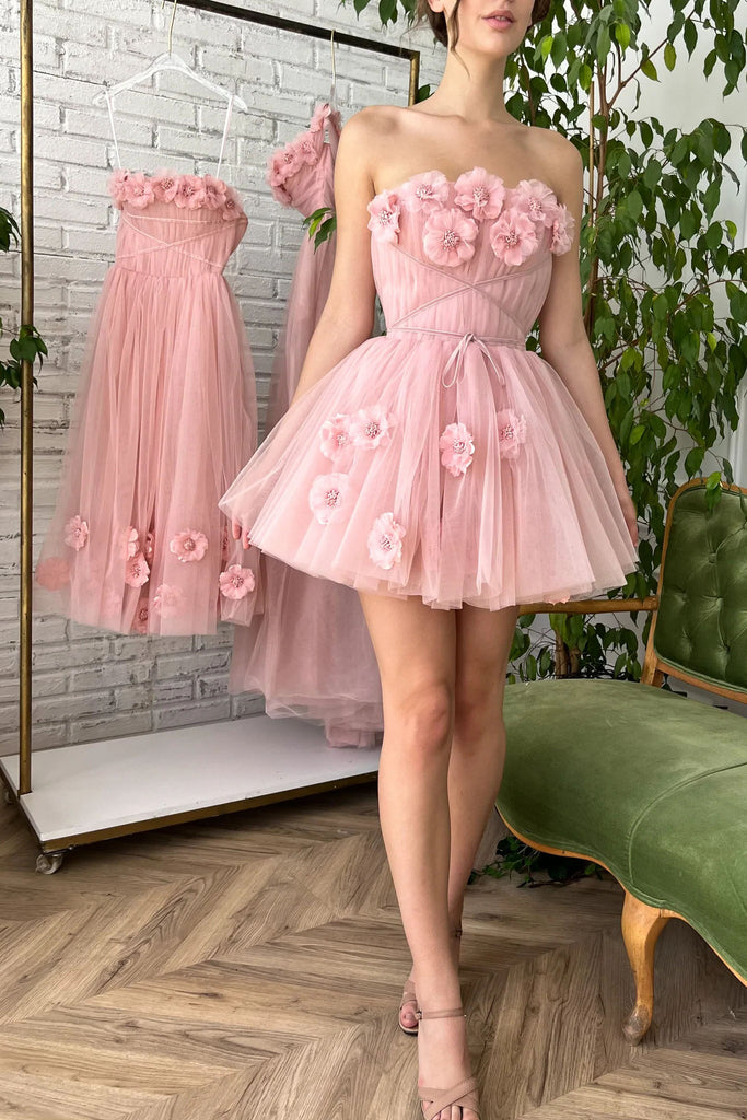Cute A line Blush Pink Strapless Tulle Hand Made Flowers Homecoming Dress, Graduation Dress OMH0253
