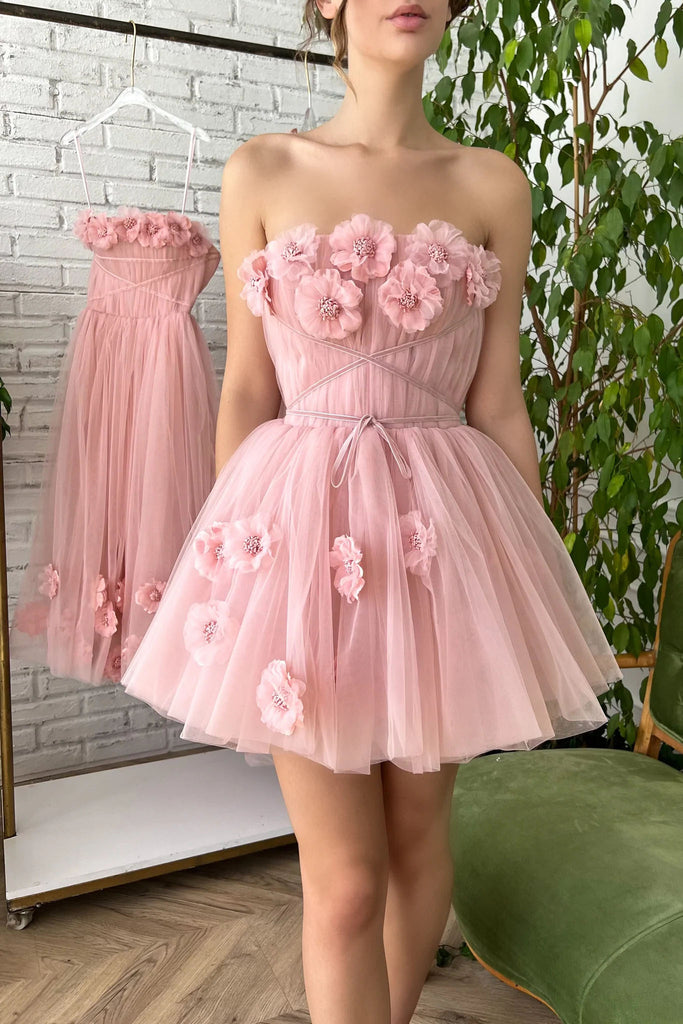 Cute A line Blush Pink Strapless Tulle Hand Made Flowers Homecoming Dress, Graduation Dress OMH0253