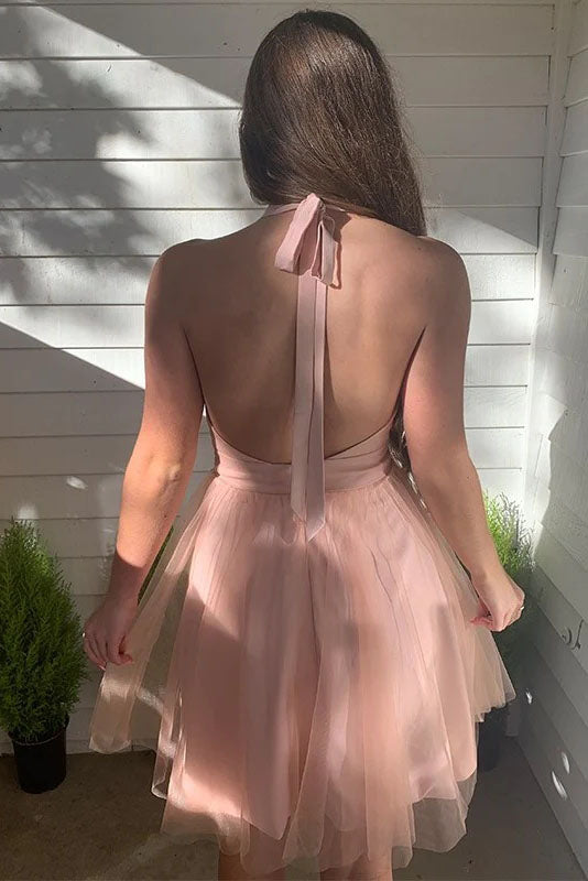 A Line Ruffles Halter V Neck Tulle Short Prom Dresses, Mini Homecoming Dresses OMH0183