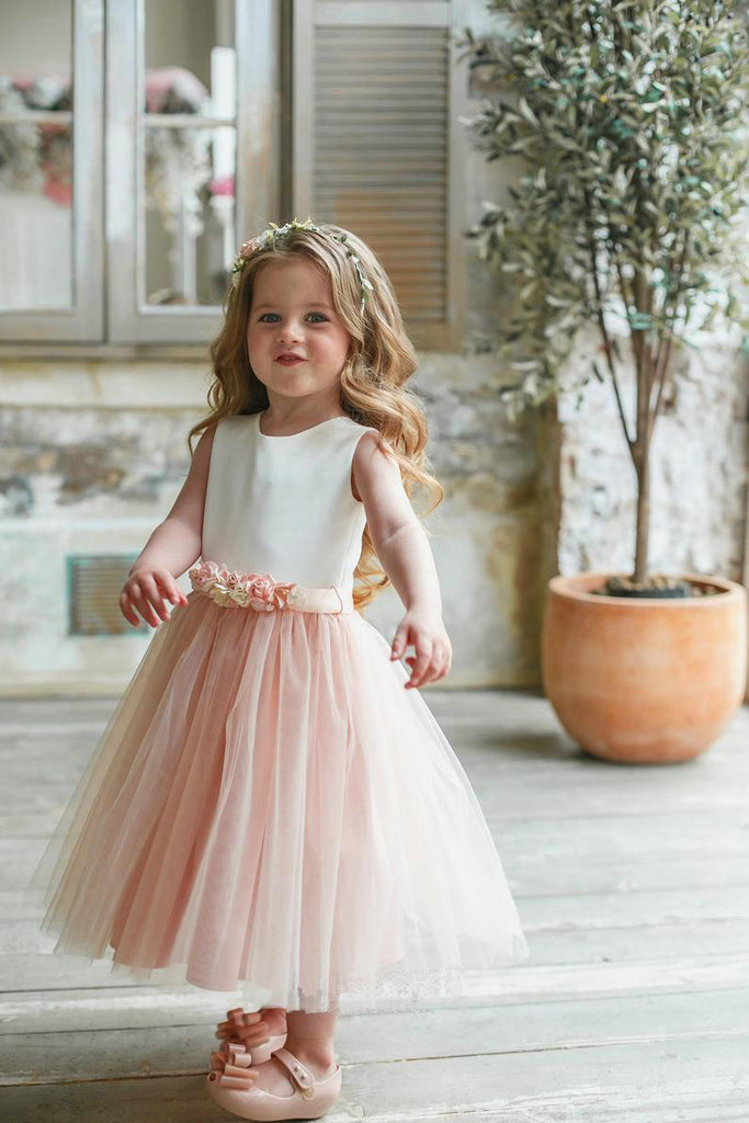 Blush Pink A Line Skirt Flower Girl Dress, Round Neck Tulle Cute Gril Dress with Appliques OMF0004