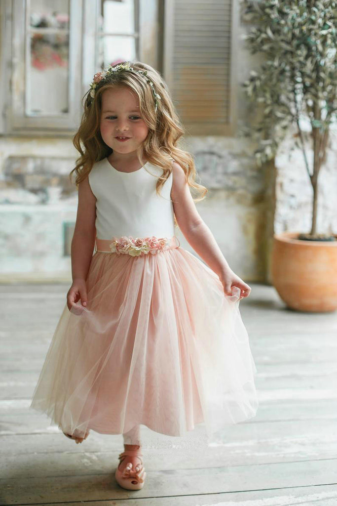 Blush Pink A Line Skirt Flower Girl Dress, Round Neck Tulle Cute Gril Dress with Appliques OMF0004