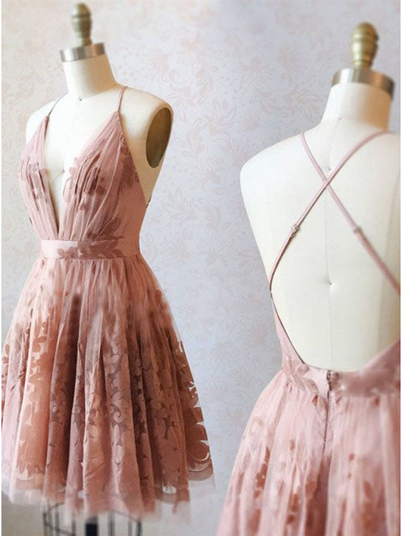 Charming A Line Pink Spaghetti Straps V Neck Lace Homecoming Dresses, Short Dresses SK33