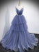 Elegant Blue V Neck Spaghetti Straps Tulle Long Beading Prom Dresses with Layers OM0024