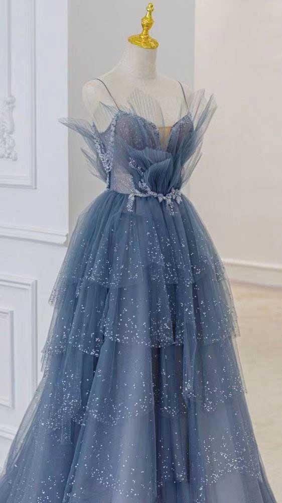 Gorgeous A-Line Spaghetti Straps Royal Blue Tulle Prom Dresses with Layers OM0063