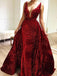 Burgundy Sequins Long V Neck Prom Dresses Lace Evening Dresses PDP1