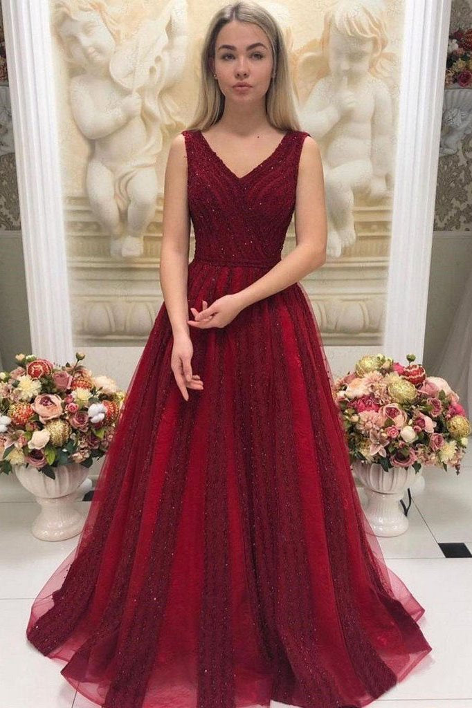 Burgundy V Neck Sleeveless Beaded Prom Dresses Sweep Train Dresses PDO89