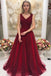 Burgundy V Neck Sleeveless Beaded Prom Dresses Sweep Train Dresses PDO89