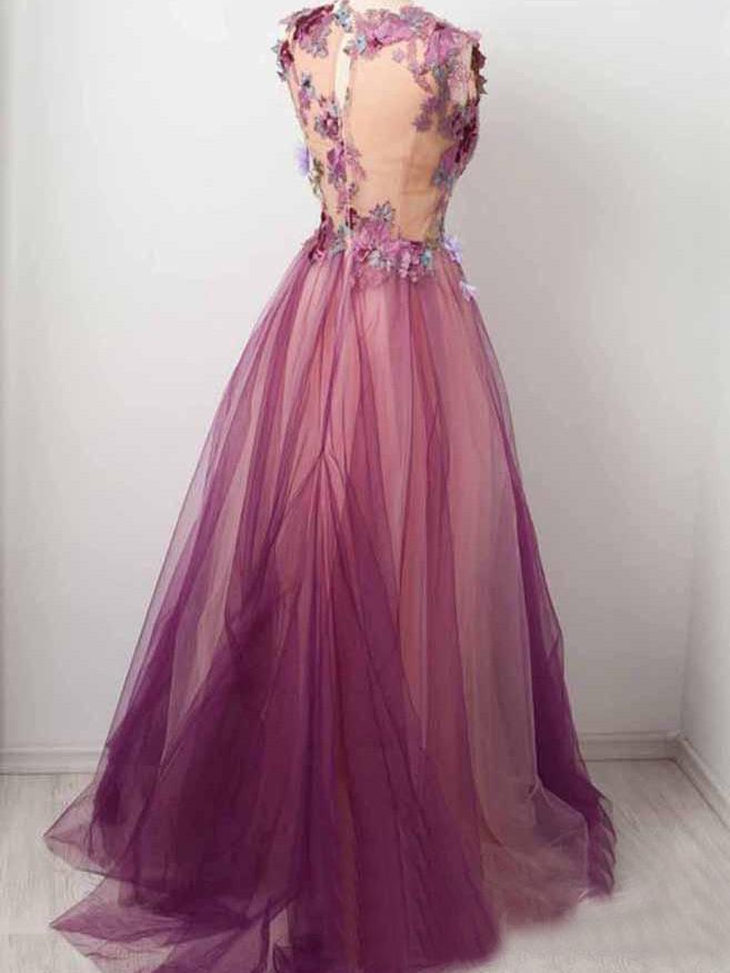 Tulle Flower A Line Prom Dresses Scoop neck Appliqued Party Dress PDP15