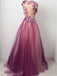 Tulle Flower A Line Prom Dresses Scoop neck Appliqued Party Dress PDP15