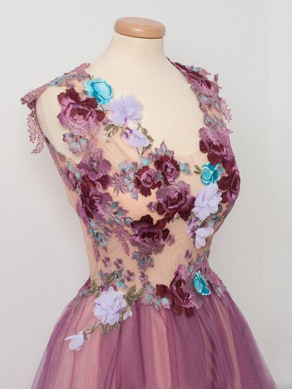 Tulle Flower A Line Prom Dresses Scoop neck Appliqued Party Dress PDP15