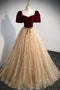 Sparkly A Line Puffy Sleeves Sweetheart Burgundy And Champagne Prom Dresses OM0364