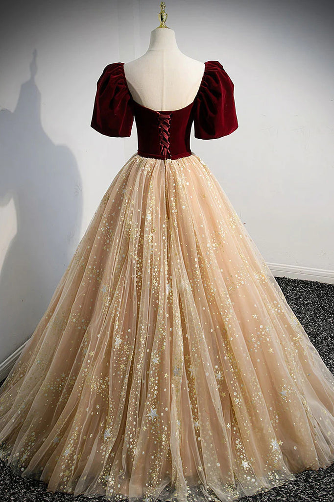 Sparkly A Line Puffy Sleeves Sweetheart Burgundy And Champagne Prom Dresses OM0364