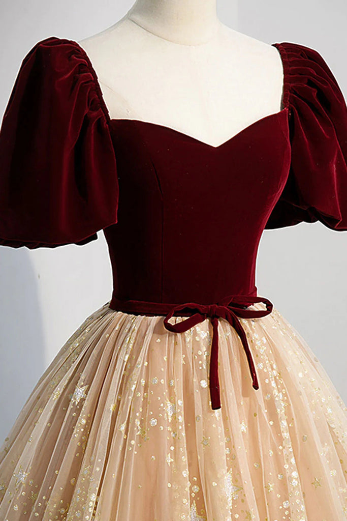 Sparkly A Line Puffy Sleeves Sweetheart Burgundy And Champagne Prom Dresses OM0364